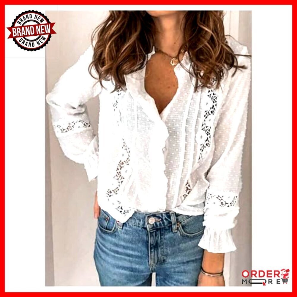 Floral Lace Long Sleeve Blouse with Ruffles, Button Down, Dressy Casual - Picture 3 of 4